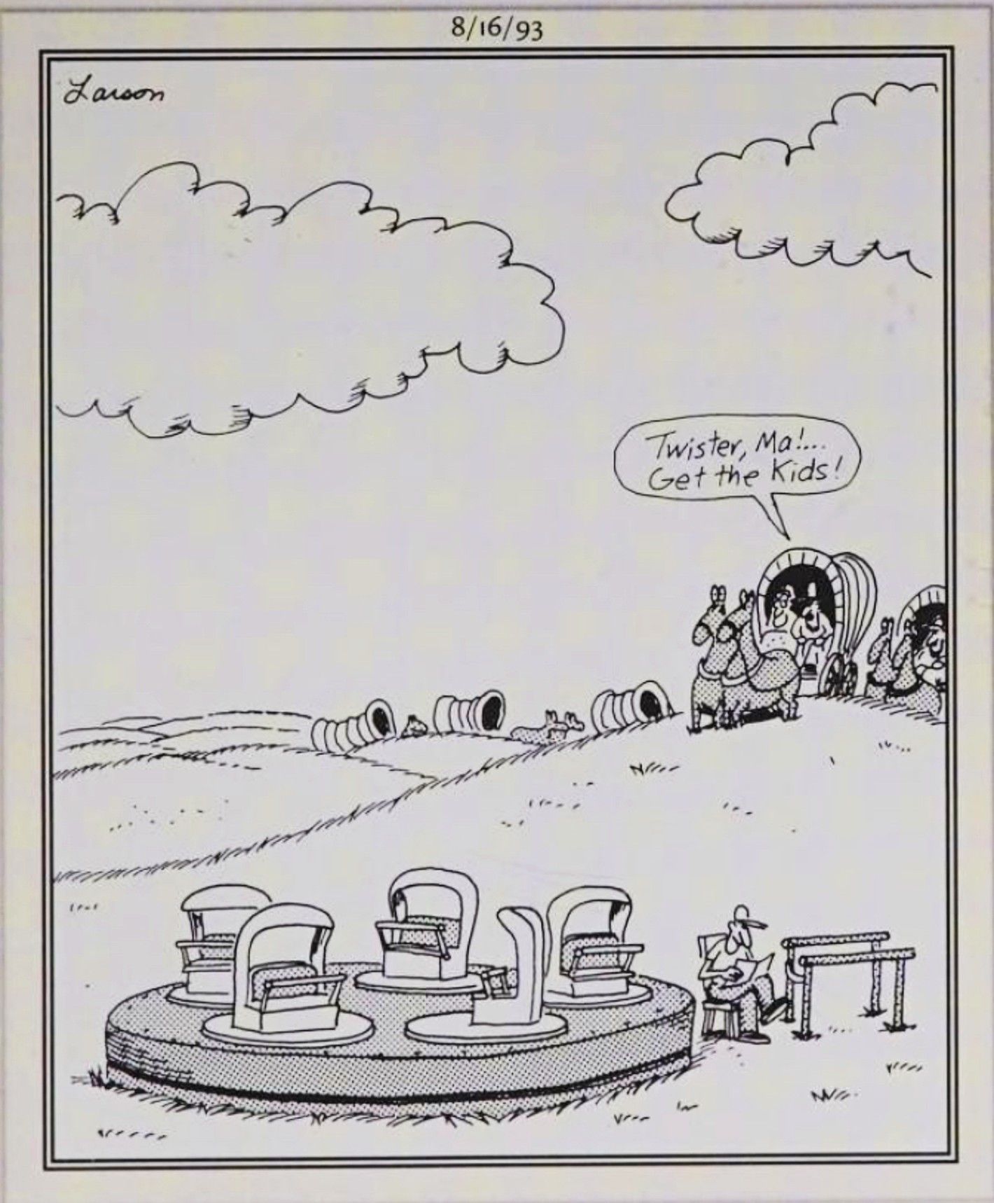 Far Side, 16 de agosto de 1993, pioneiros sobem uma colina para encontrar um passeio de carnaval