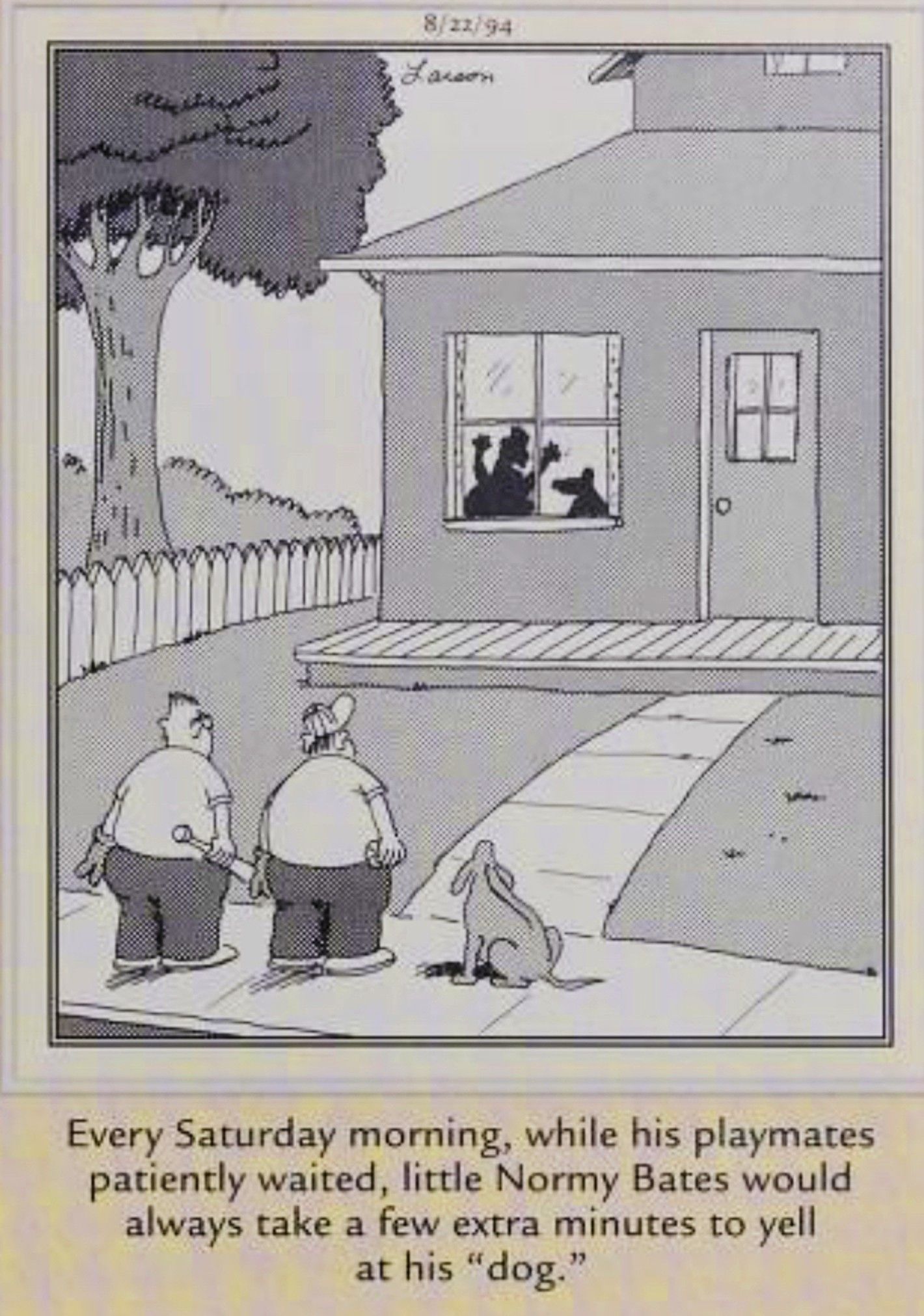 Far Side, 22 de agosto de 1994, o jovem Norman Bates grita com seu cachorro falso