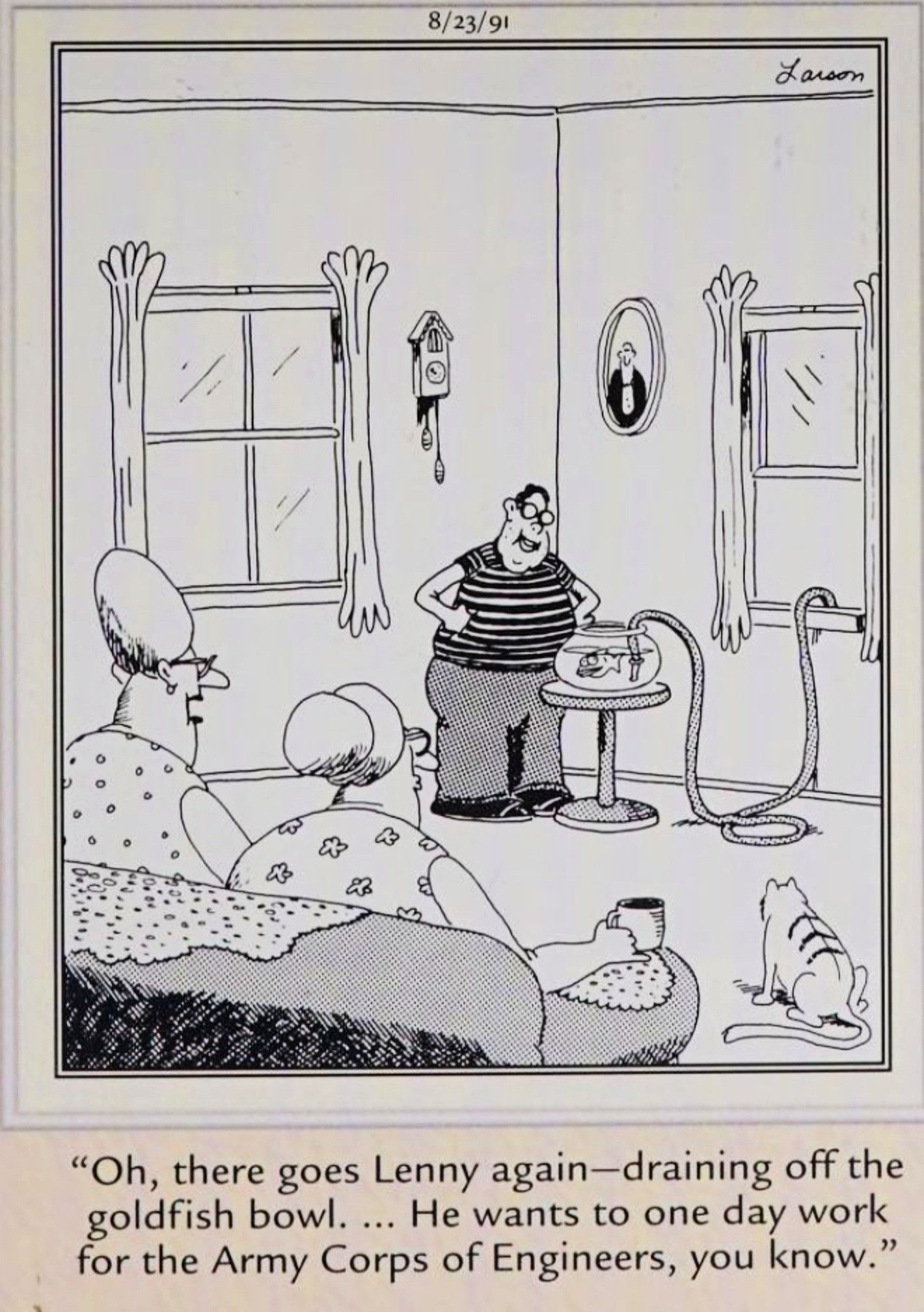 Far Side, 23 de agosto de 1991, um jovem inventa um dispositivo de drenagem para sugar a água do aquário de seu peixinho dourado