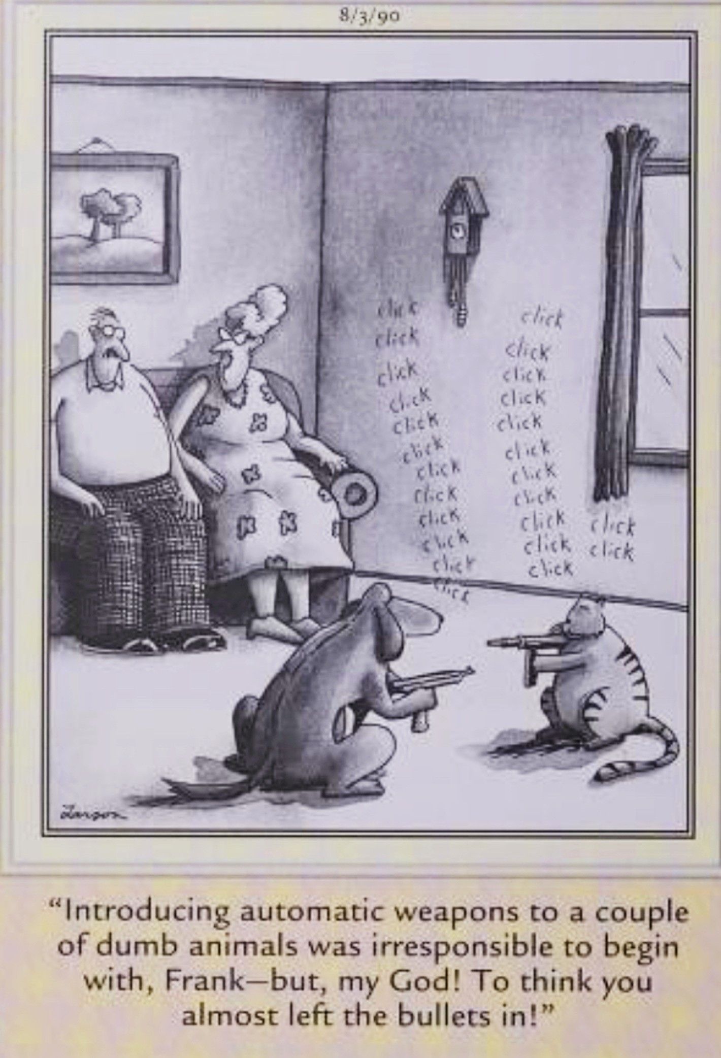 Far Side, 3 de agosto de 1990, um homem dá armas automáticas a seu gato e cachorro