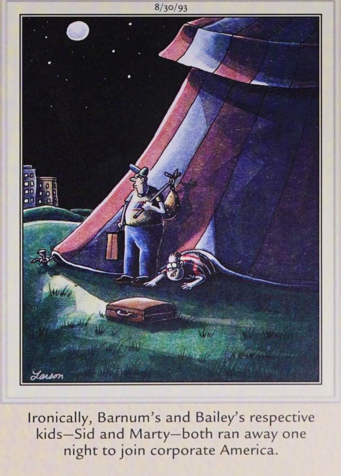 Far Side, August 30, 1993, Barnum & Bailey's kids run away to corporate America