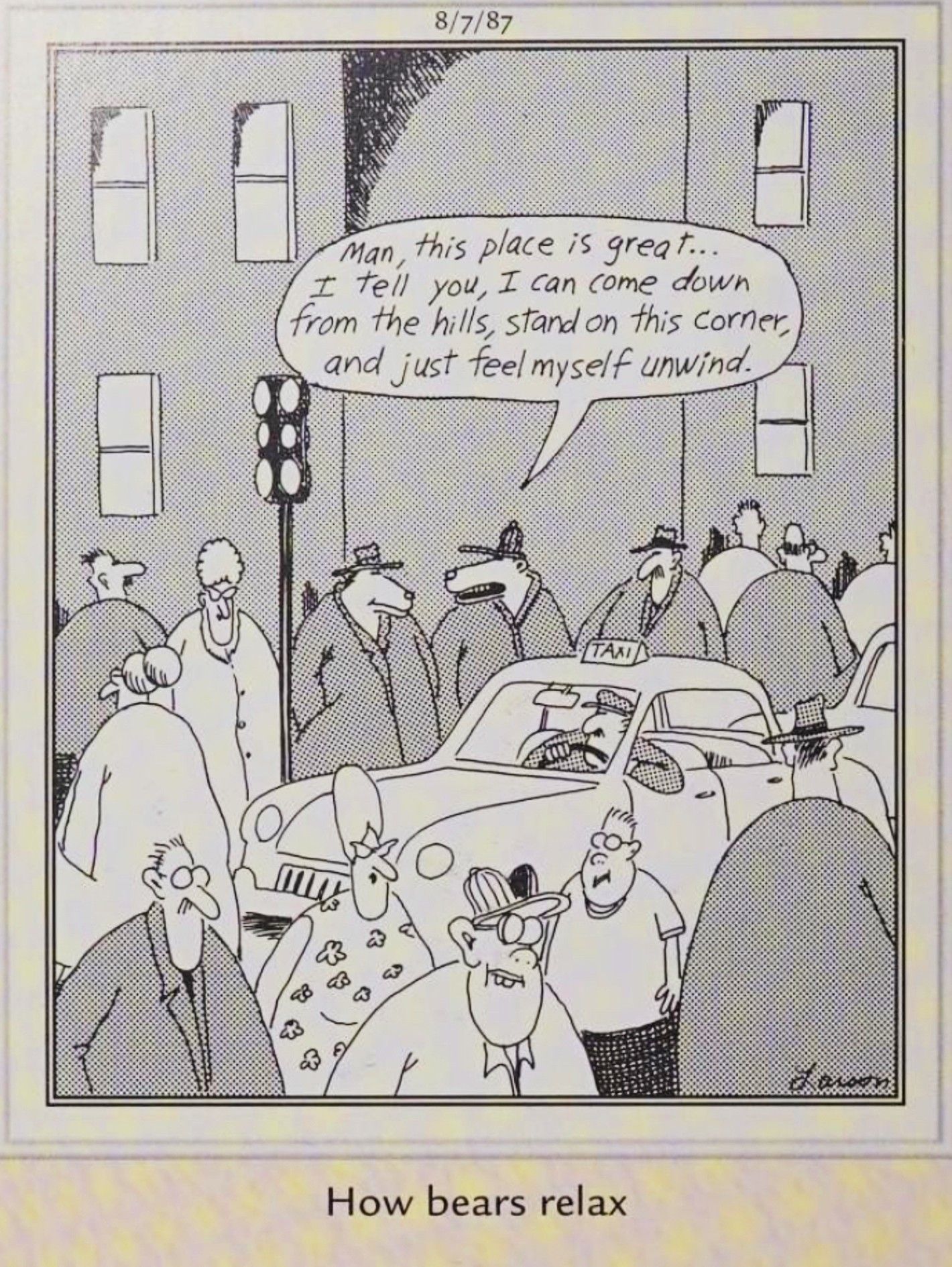 Far Side, August 7, 1987, bears come to the city to get away from stressful nature