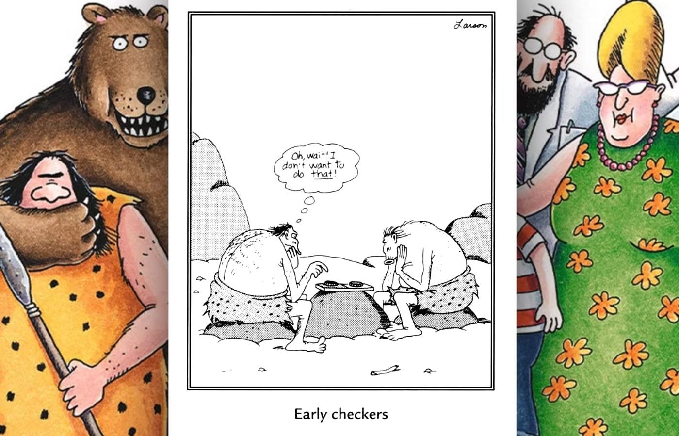 far side comic depicting early checkers