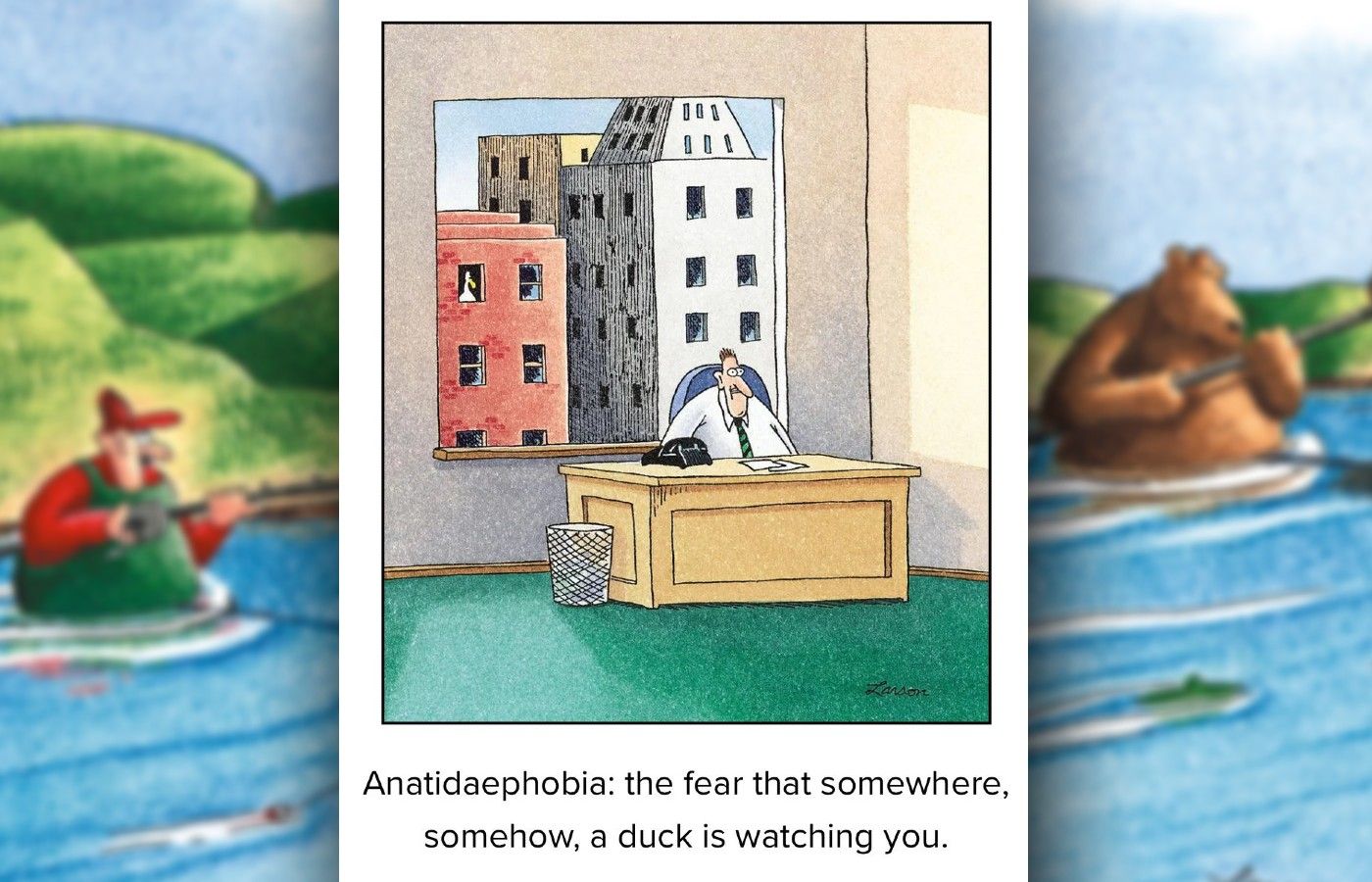 far side comic where a man is scared of ducks