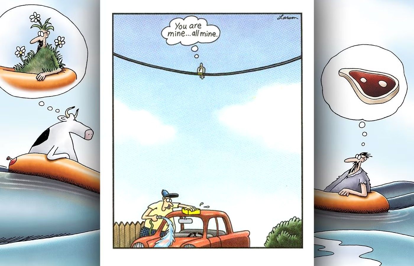 far side comic where bird targets car