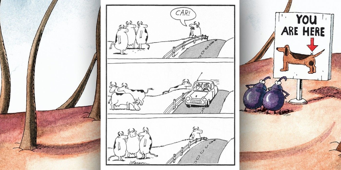 FAR SIDE COMIC WHERE COWS SEE A CAR COMING