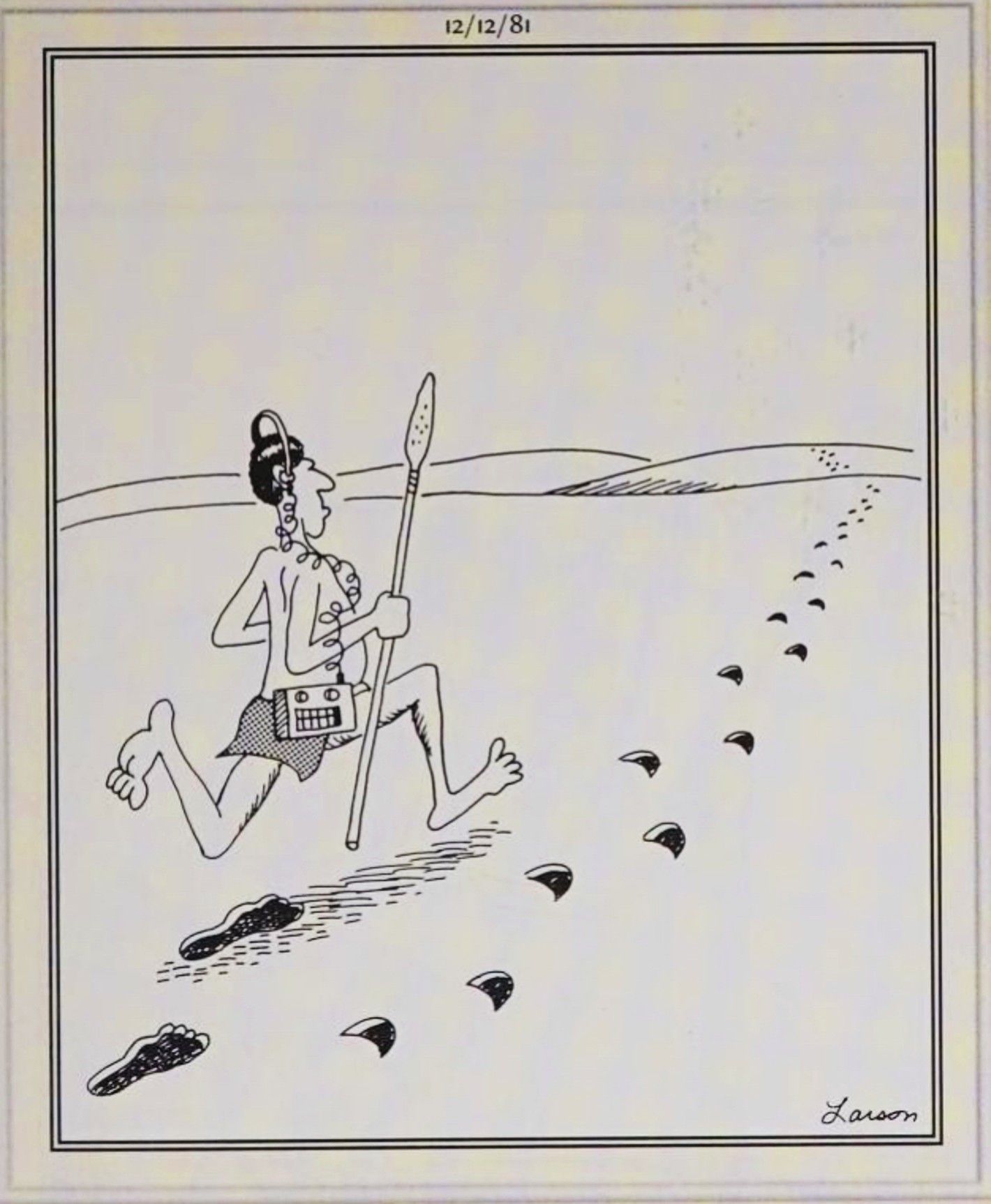 Far Side, 12 de dezembro de 1981, um guerreiro tribal segue pegadas de pato na areia