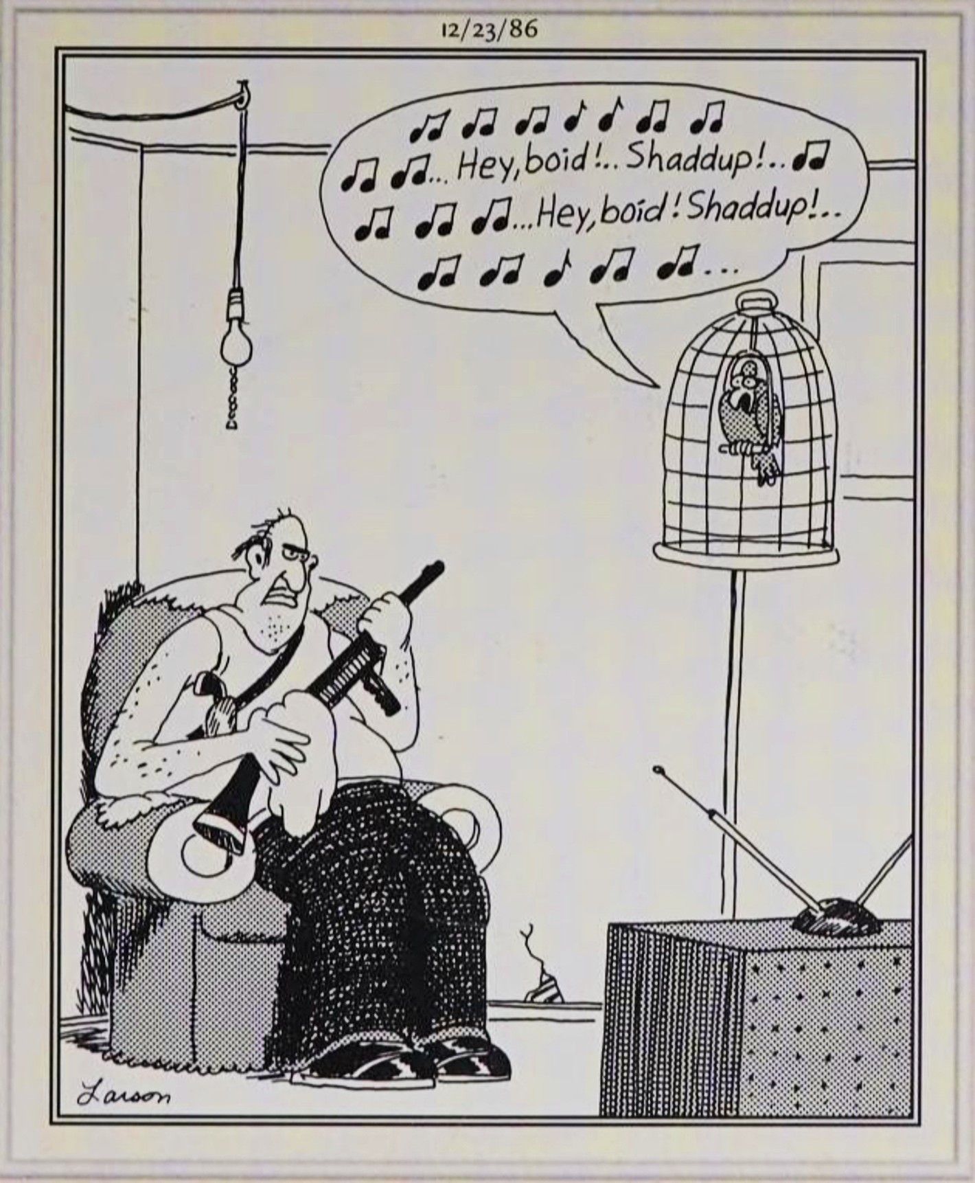 Far Side, 23 de dezembro de 1986, um homem polindo sua espingarda, prestes a atirar em seu pássaro de estimação porque ele não para de falar