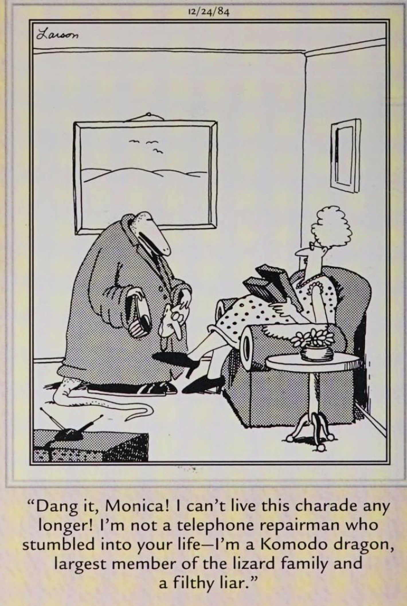 Far Side, December 24, 1984, a lizard in disguise reveals his true form to his girlfriend