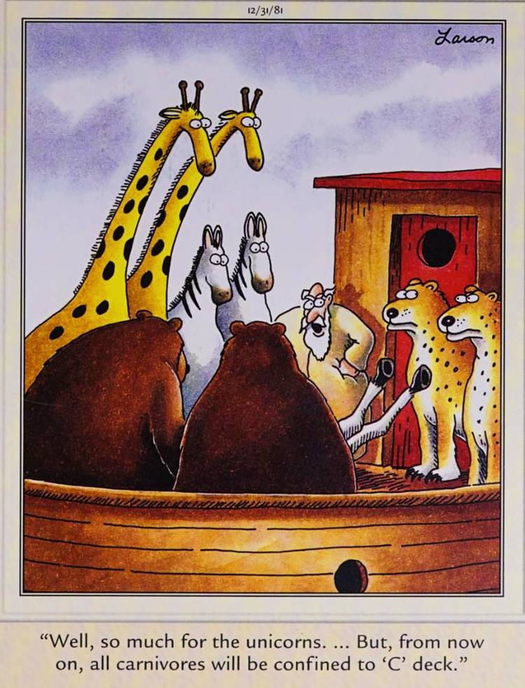 Far Side, December 31, 1981, Noah admonishes the carnivores for devouring the ark's unicorns