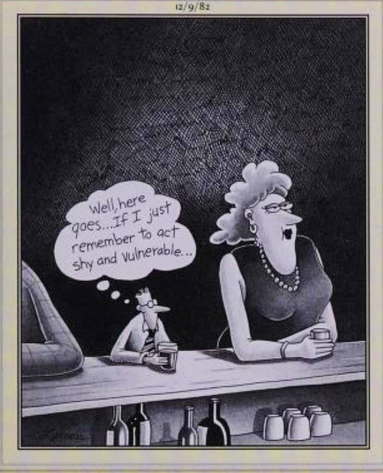 Far Side, December 9, 1982, a small man is intimidated by a normal sized woman at the bar