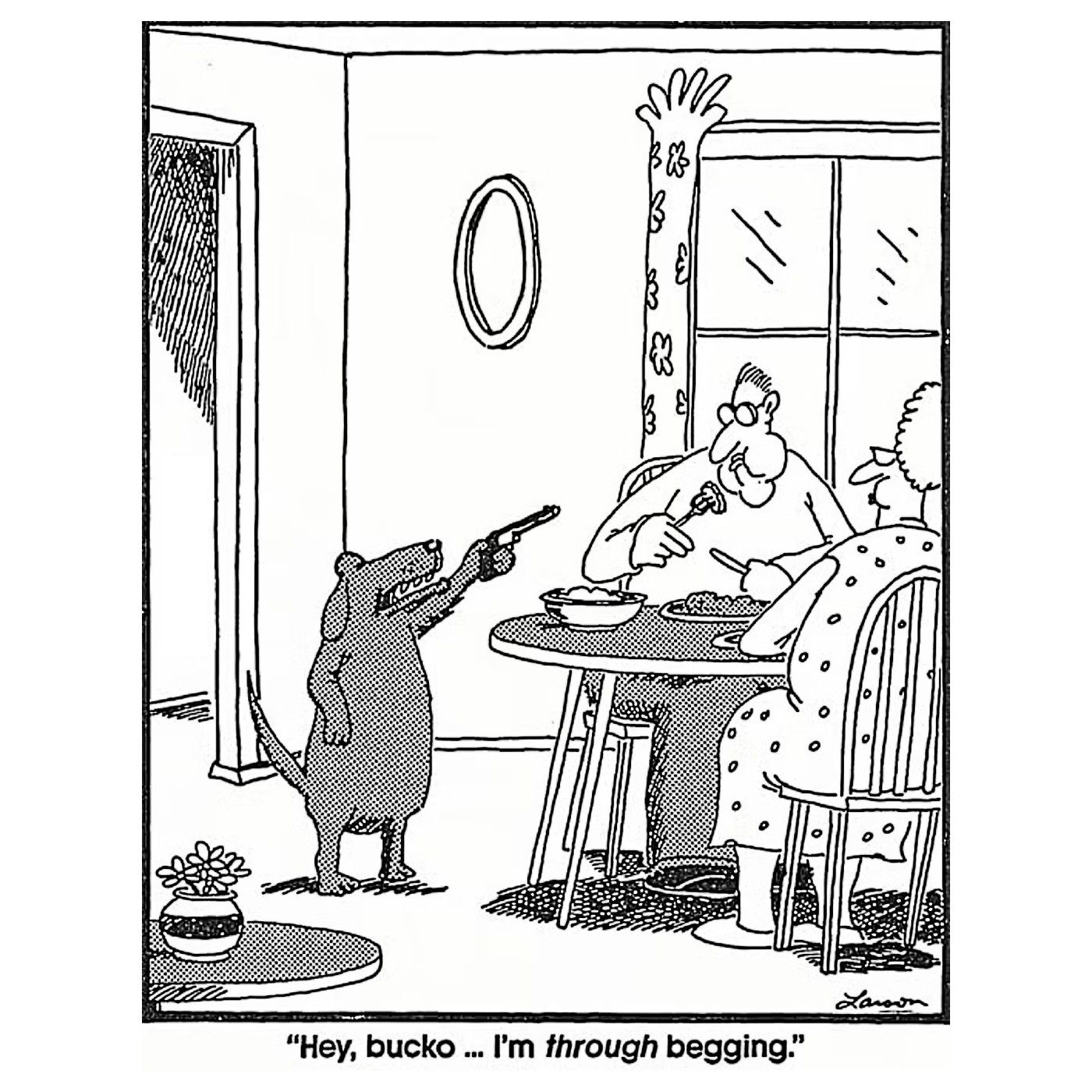 far side dog threatens owner