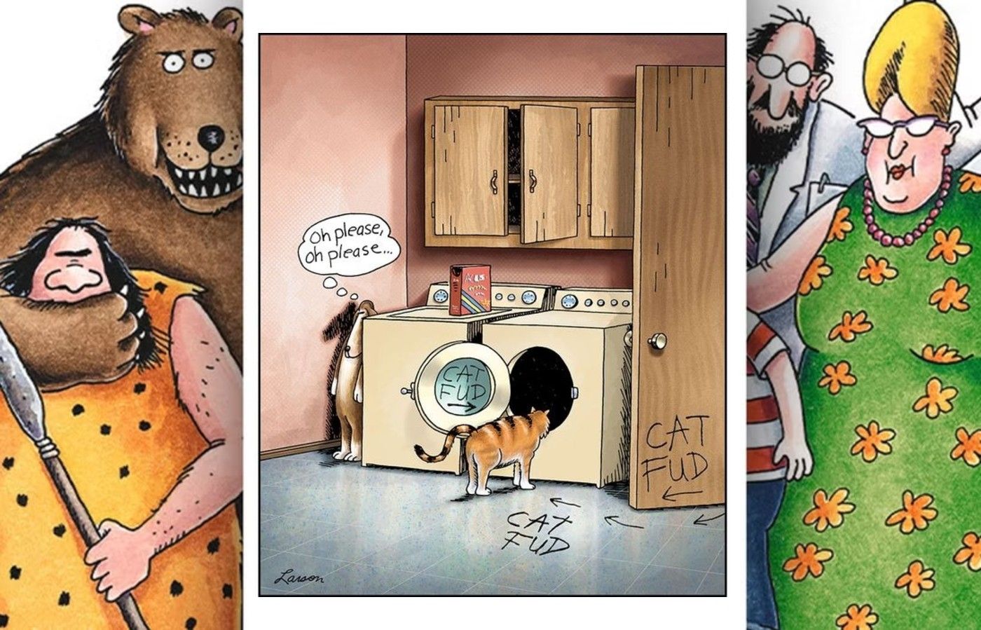 far side dog trying to trick cat into washing machine comic