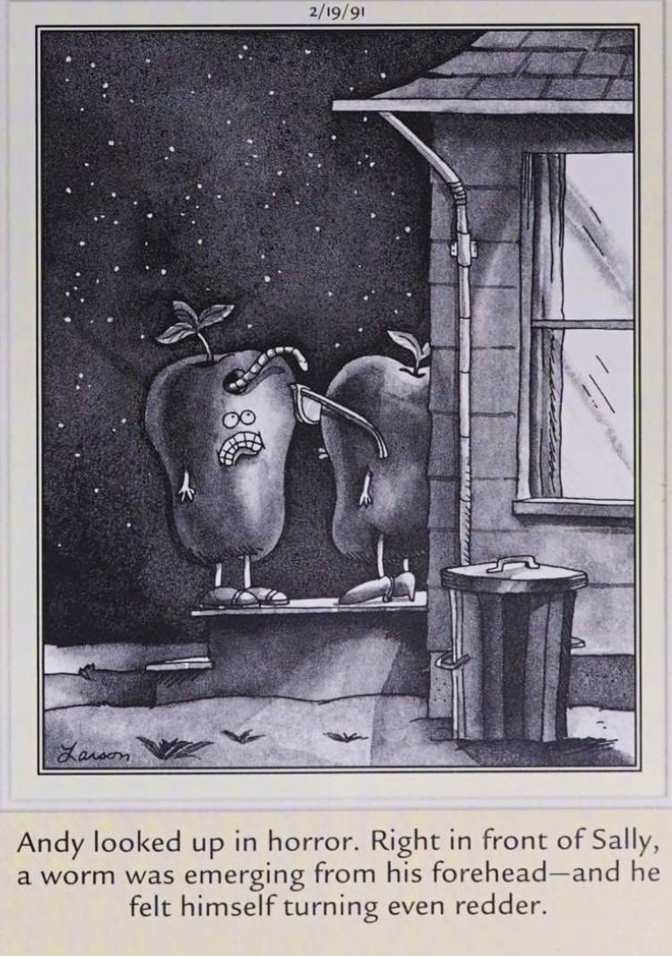 Far Side, February 19, 1991, an apple picking up its date has a worm burst from its forehead