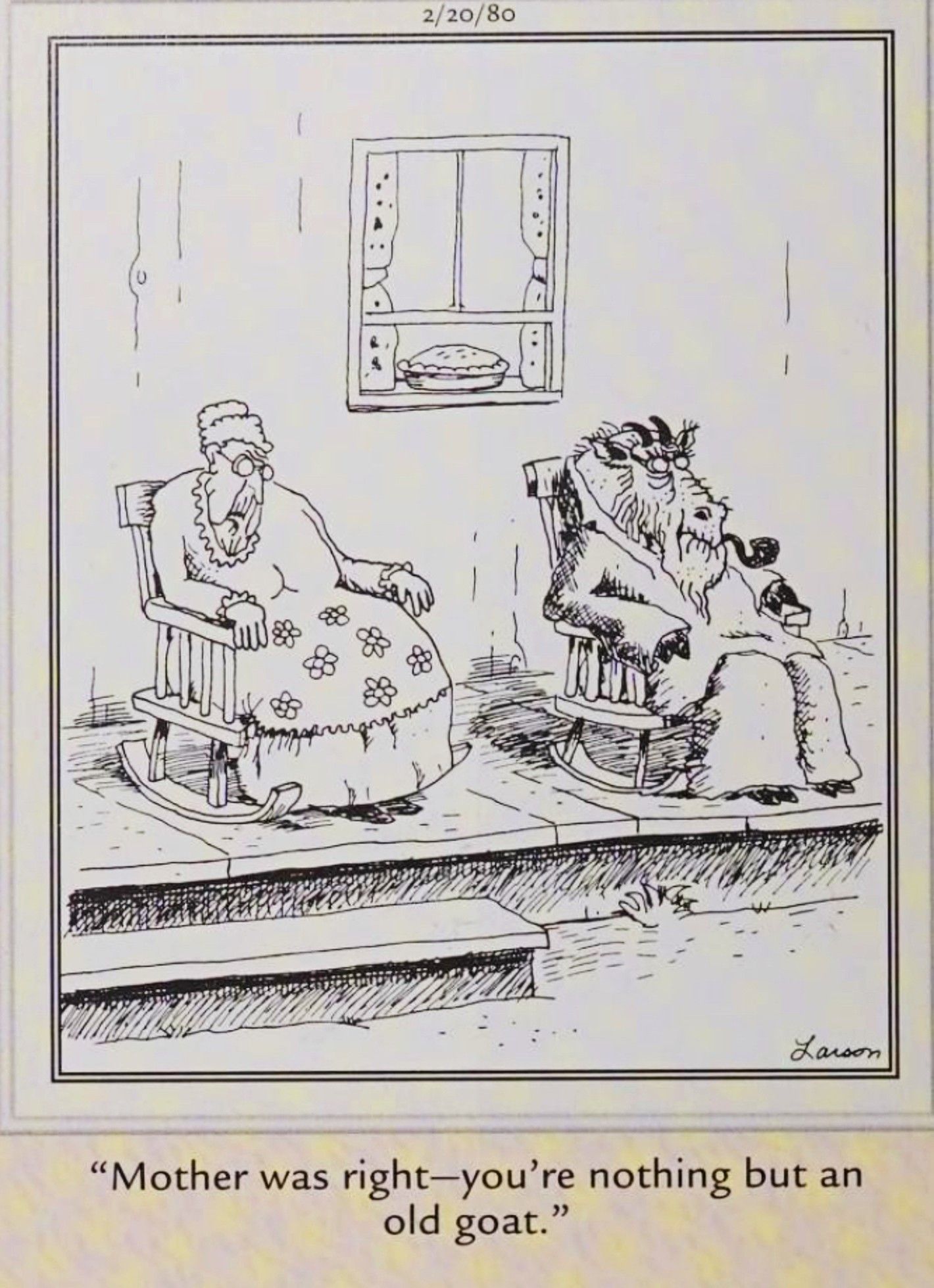 Far Side, 20 de fevereiro de 1980, uma mulher admite amargamente que seu marido é “um bode velho”