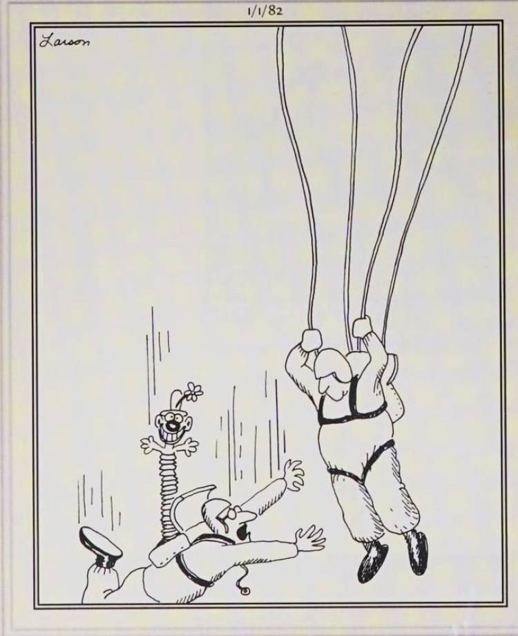 Far Side, January 1, 1982, a jack-in-the-box clown pops out of a man's parachute case