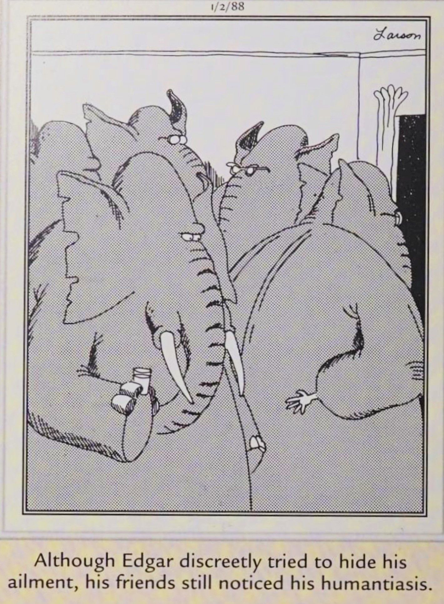 Far Side, January 2, 1988, an elephant tries to hide his human hand from his peers