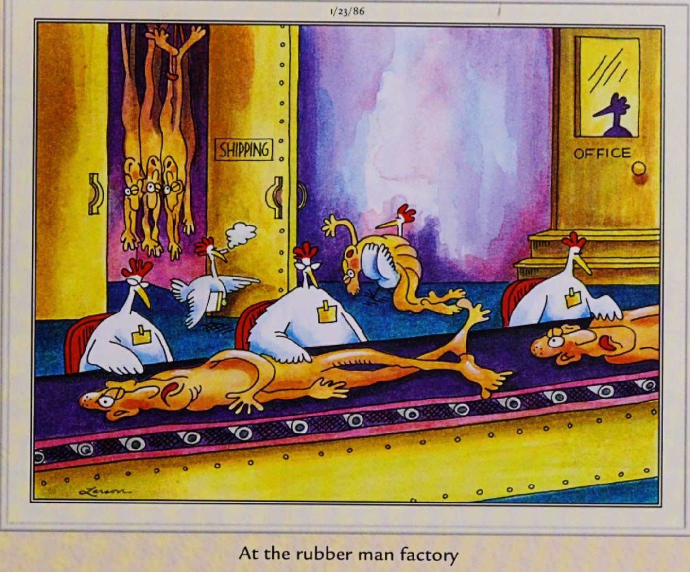 Far Side, January 23, 1986, chickens working at a 'rubber man factory'