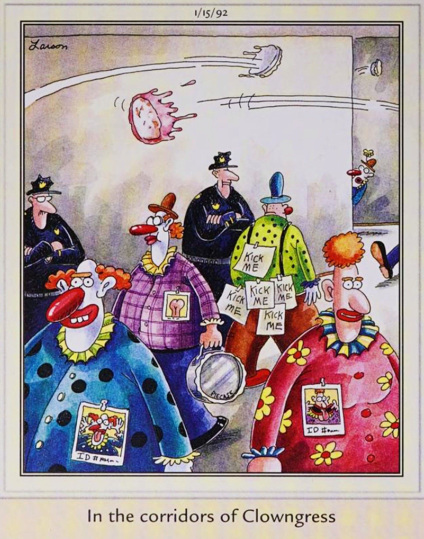 Far Side, Jaunary 15, 1992, 'the halls of Clowngress,' with clowns instead of politicians