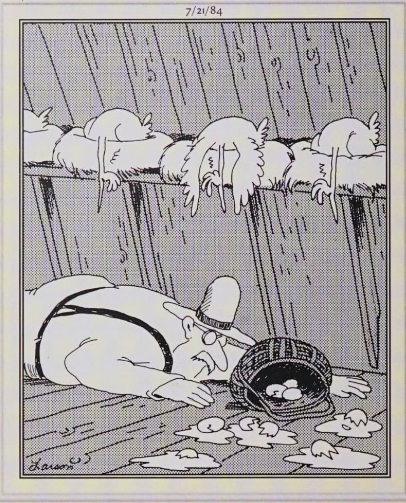 Far Side, 21 de julho de 1984, um fazendeiro desmaia enquanto coletava os ovos de suas galinhas