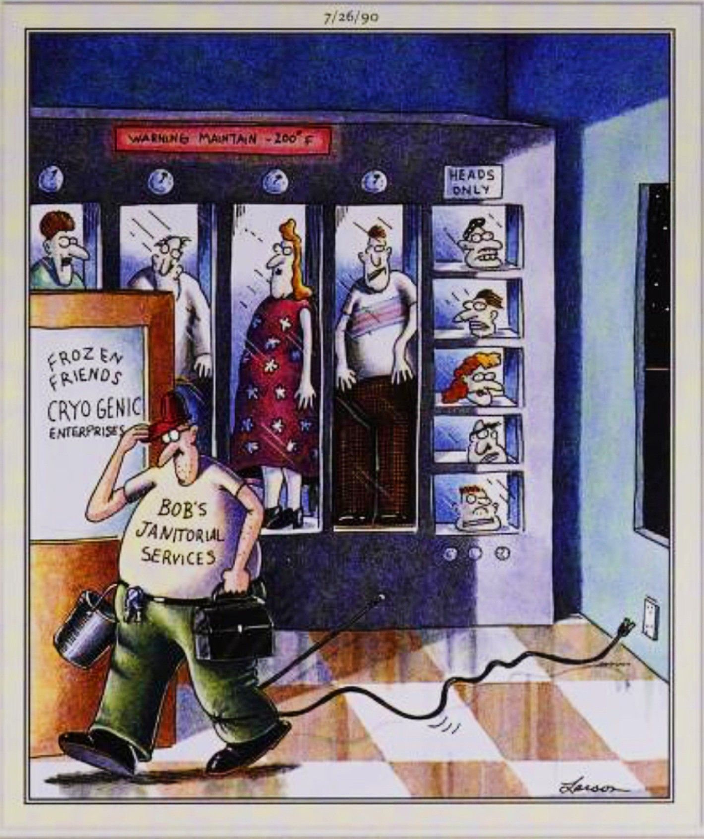 Far Side, 26 de julho de 1990, um funcionário da manutenção desliga acidentalmente a energia de um laboratório de criogenia