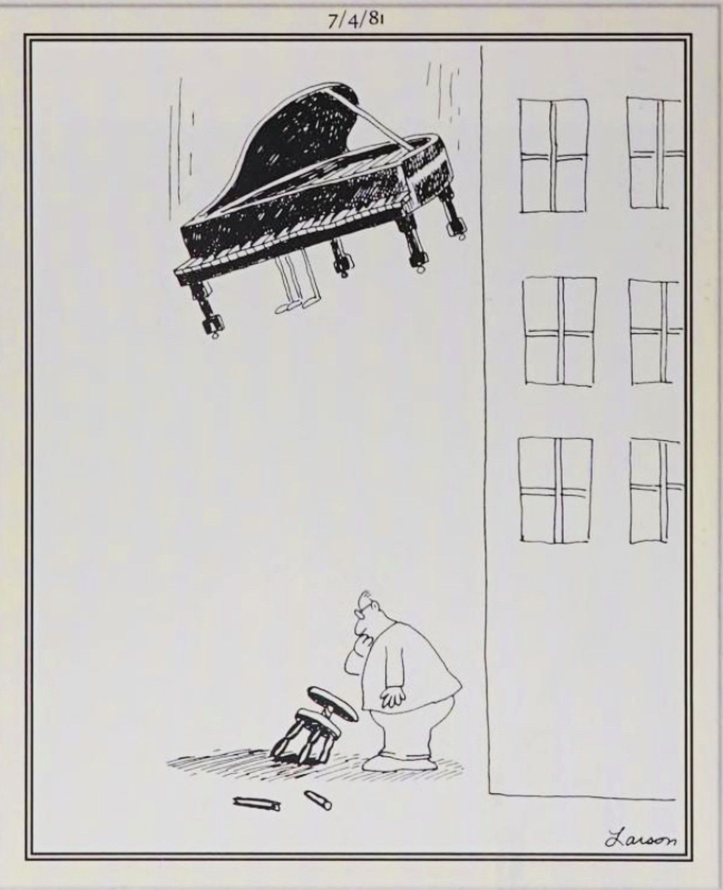 Far Side, July 4, 1981, a man looks down at a broken piano stool as the piano falls directly on top of him