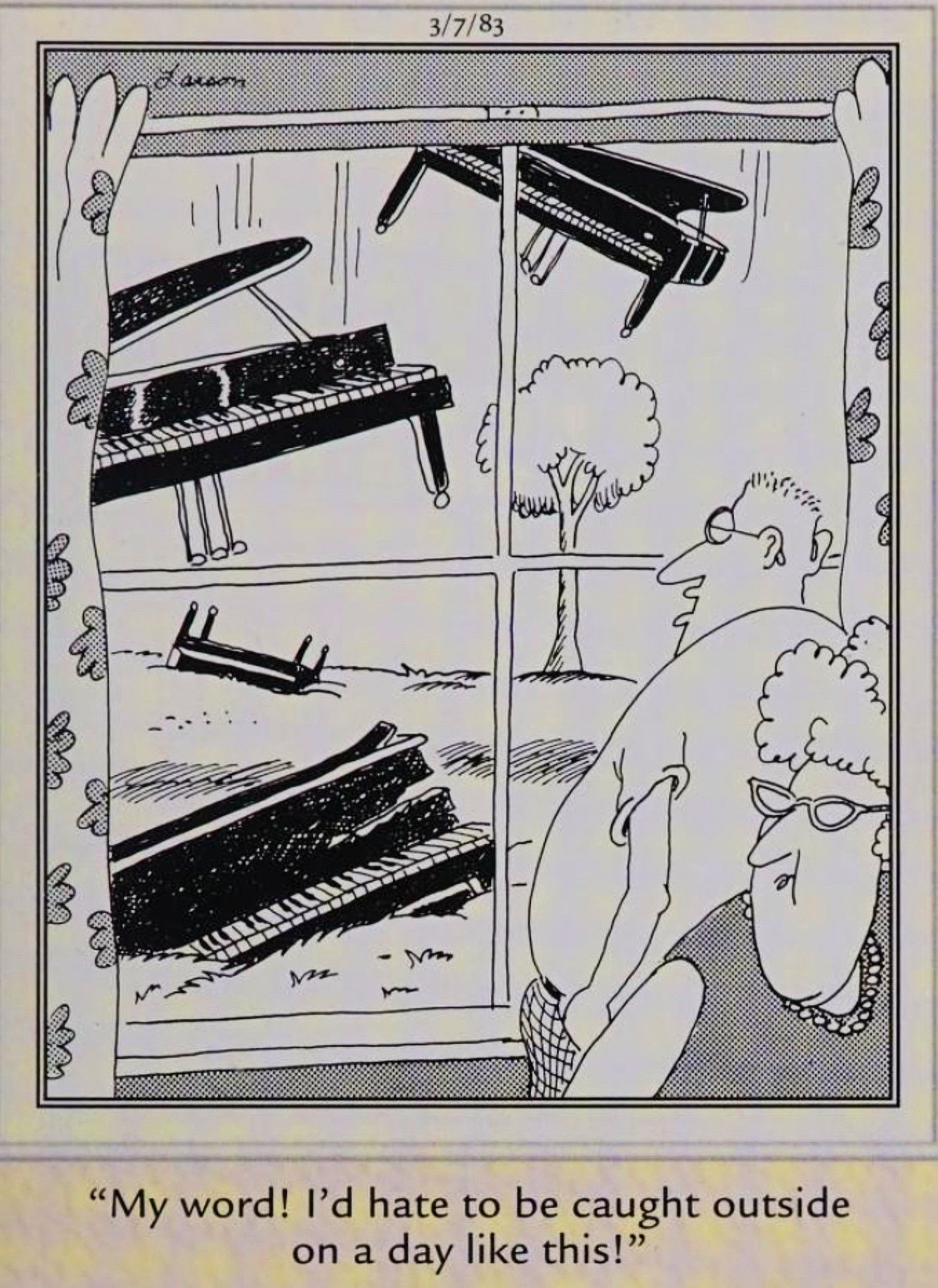 Far Side, March 7, 1983, a couple watches as it rains pianos outside their house