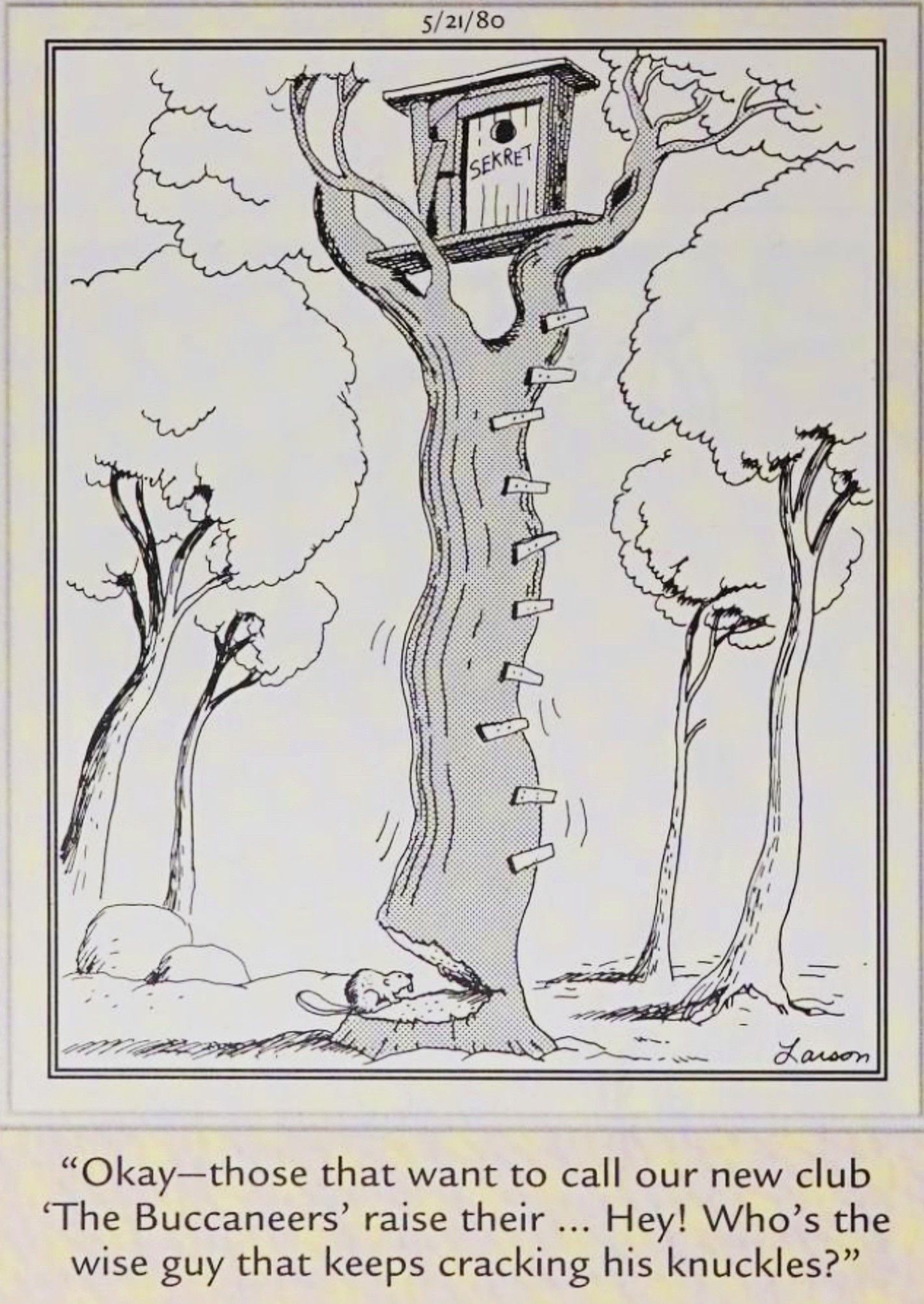 Far Side, 21 de maio de 1980, crianças em uma casa na árvore não percebem que um castor quase comeu o tronco da árvore