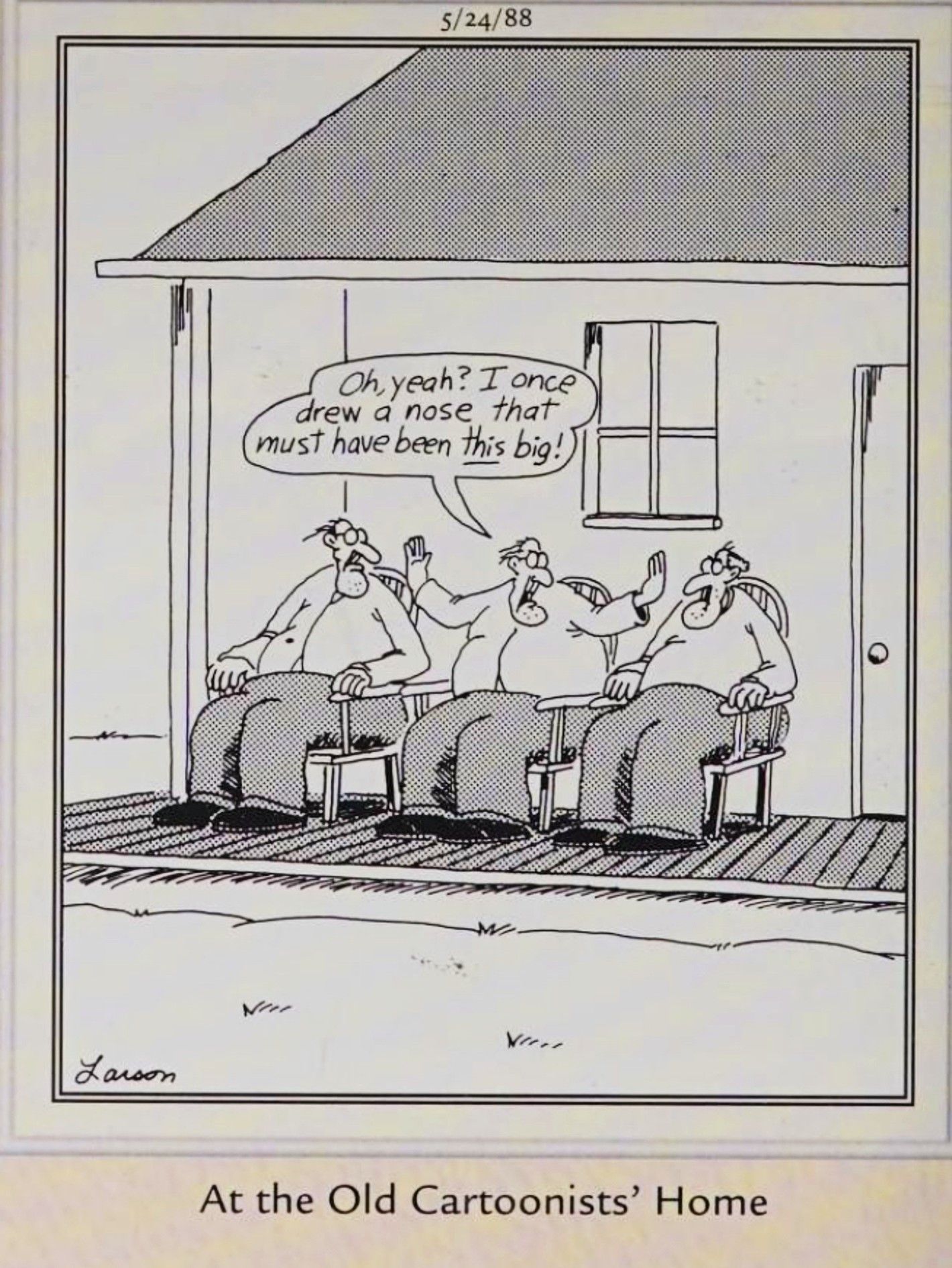 Far Side, 24 de maio de 1988, cartunistas sentam-se em cadeiras de balanço e discutem na varanda da “casa do velho cartunista”.