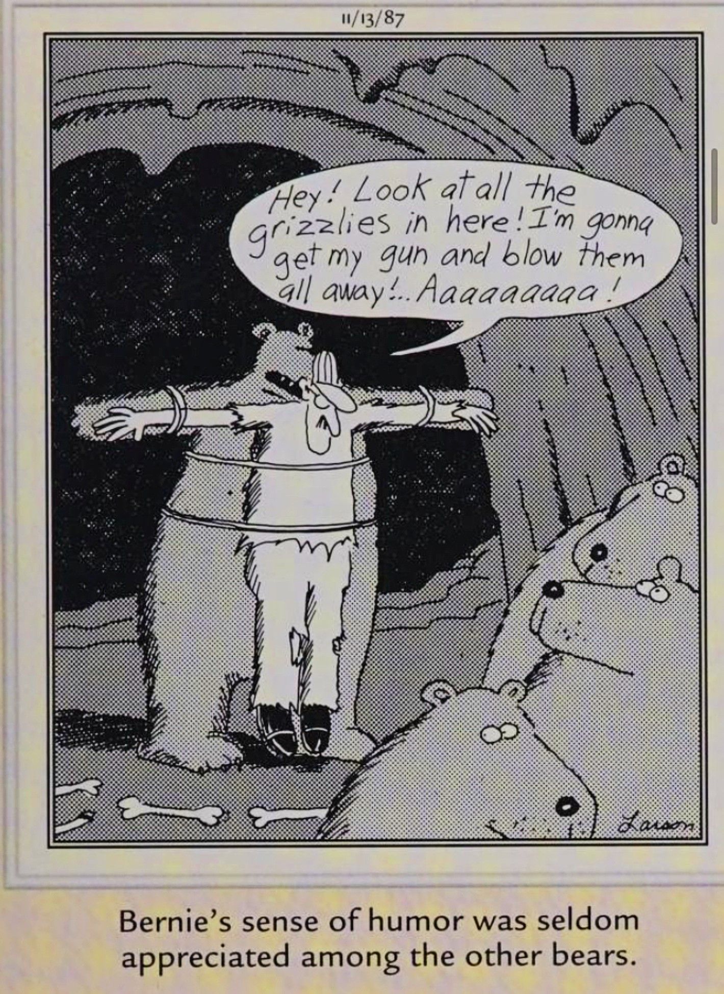 Far Side, 13 de novembro de 1987, um urso amarra um caçador morto ao seu corpo e impressiona