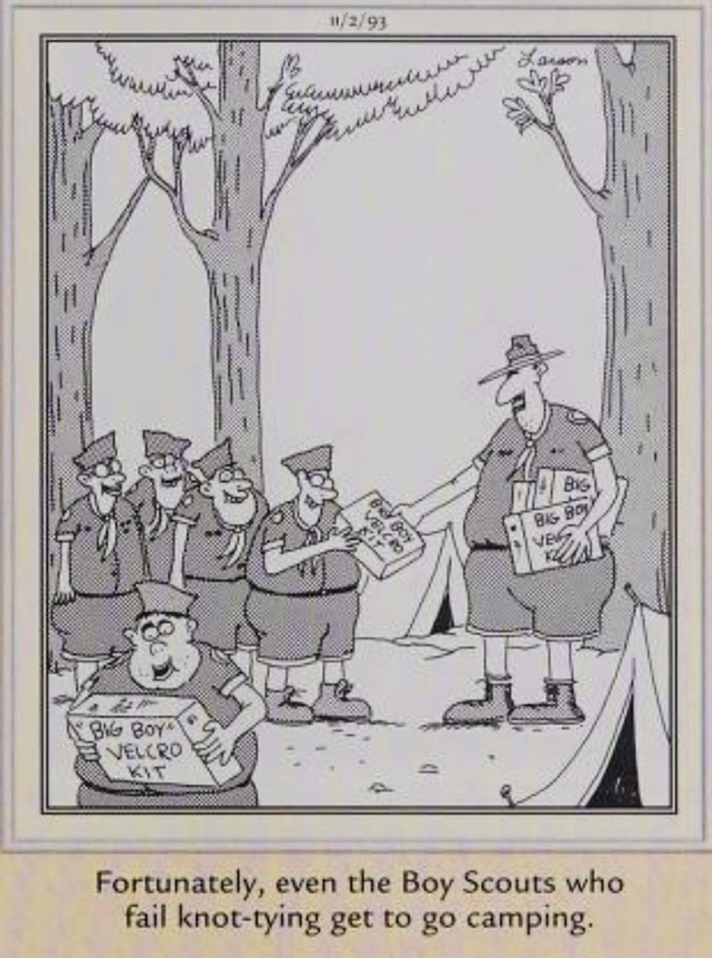 Far Side, 2 de novembro de 1993, escoteiros que não sabem dar nós ganham kits de velcro