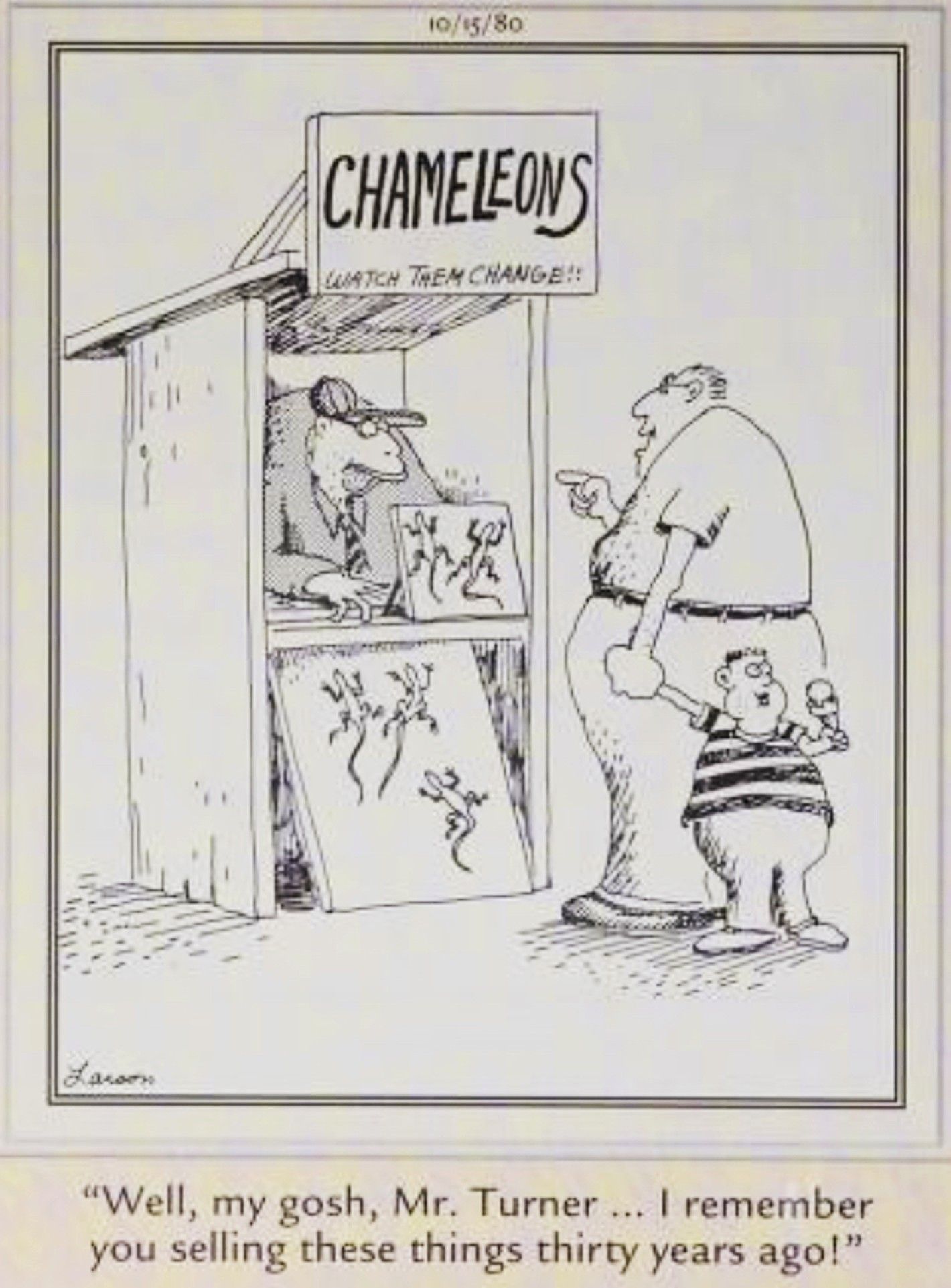 Far Side, 15 de outubro de 1980, um homem reconhece o mesmo vendedor camaleão de sua infância