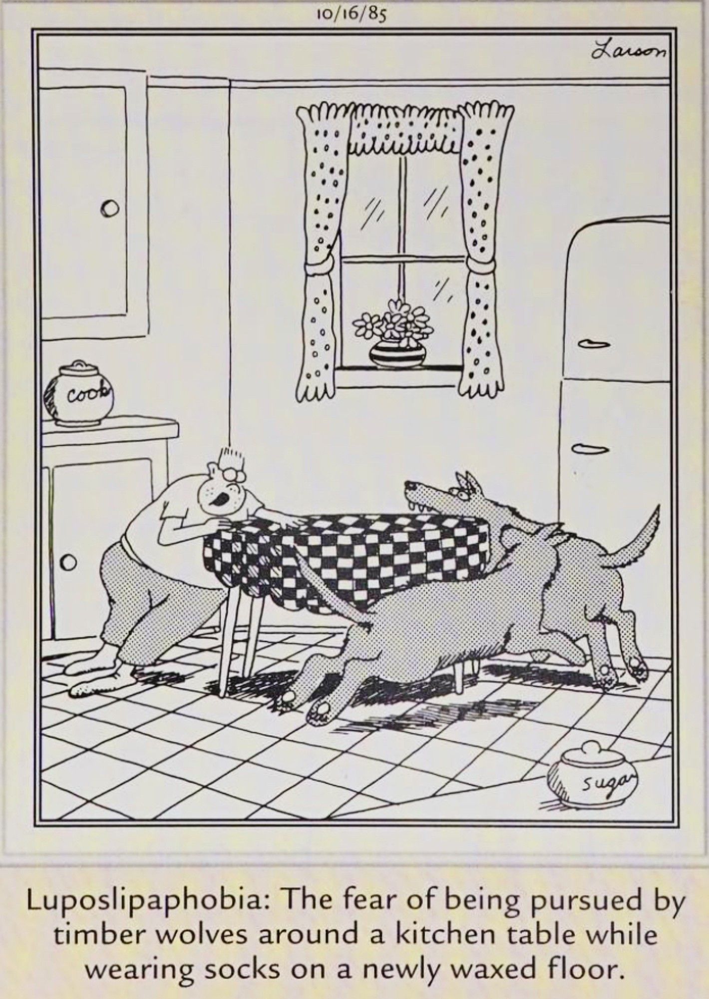 Far Side, 16 de outubro de 1985, lobos perseguem um menino de meias em volta da mesa da cozinha