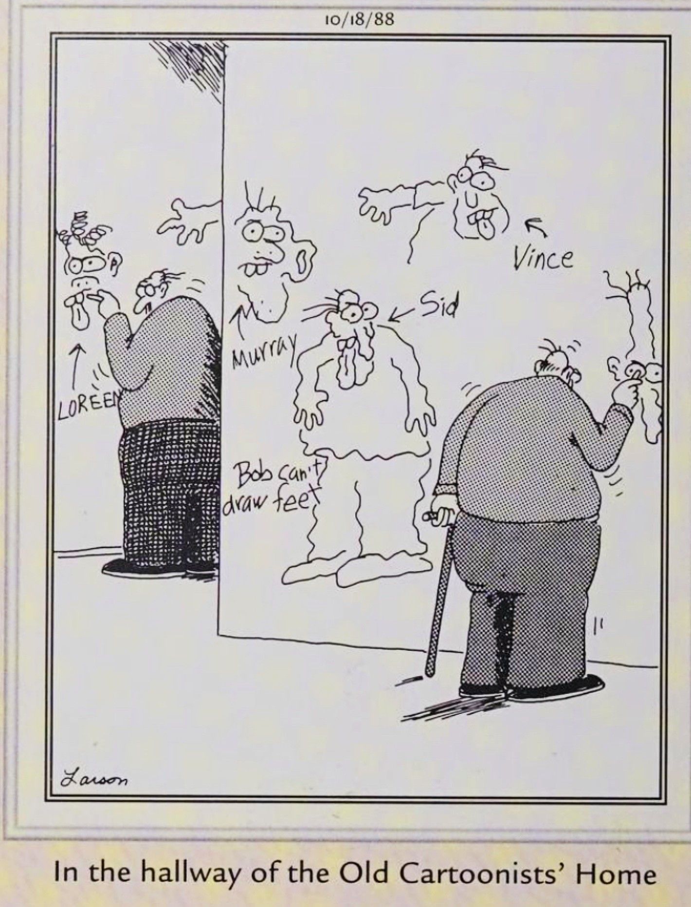 Far Side, 18 de outubro de 1988, moradores rabiscando nas paredes da “casa dos velhos cartunistas”