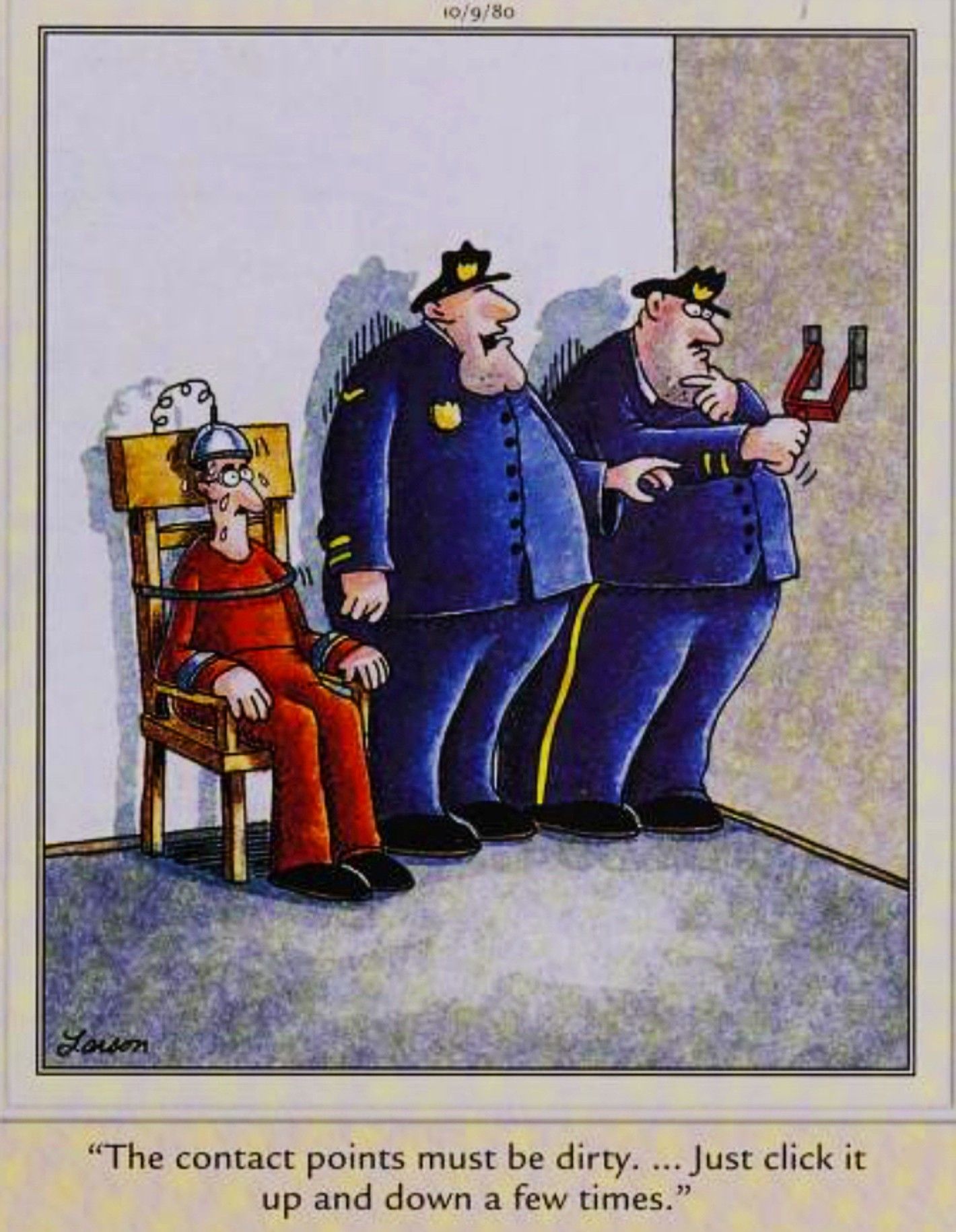 Far Side, 9 de outubro de 1980, um homem aguarda nervosamente a execução na cadeira elétrica