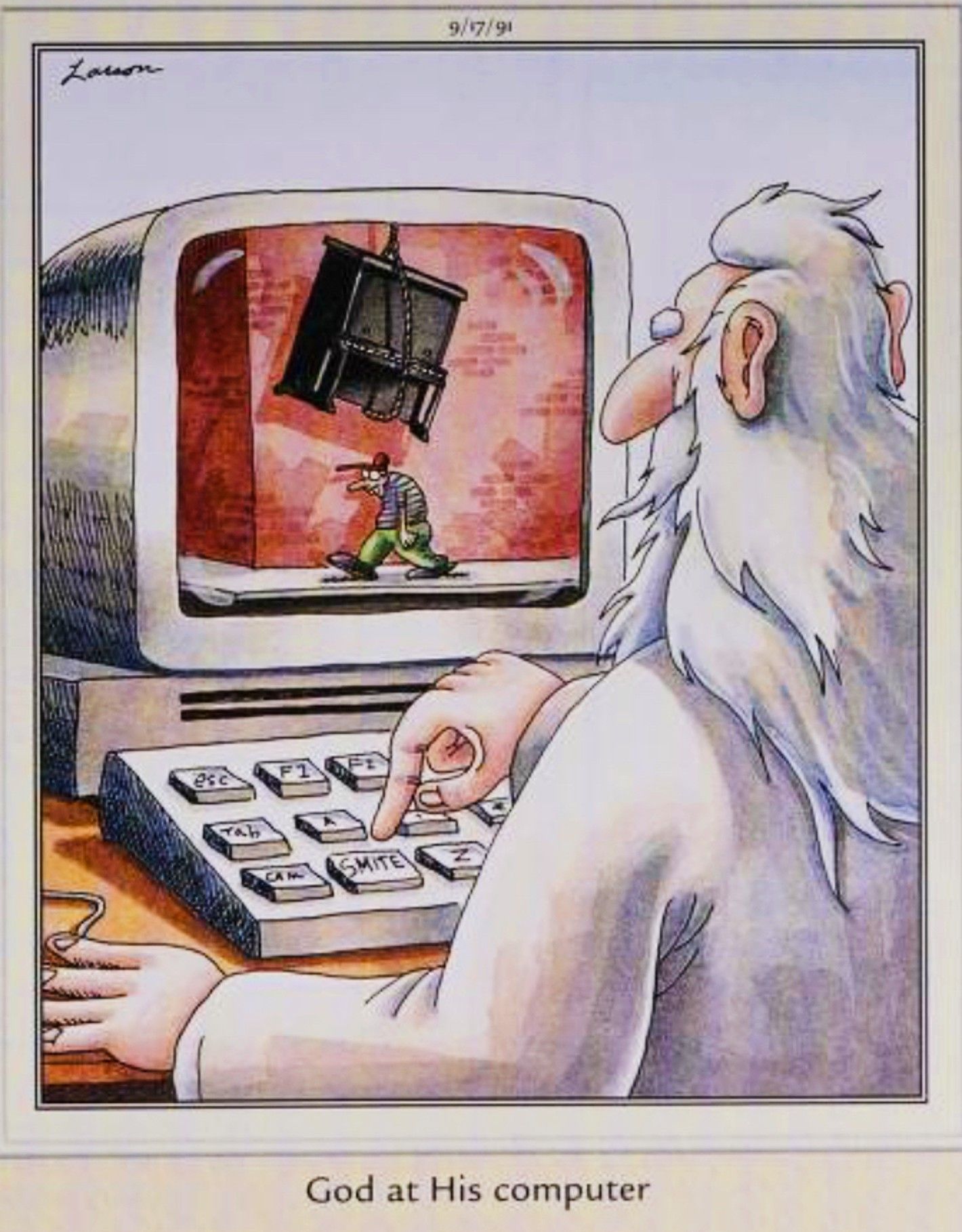 Far Side, September 17, 1991, God at his computer drops a piano on a man