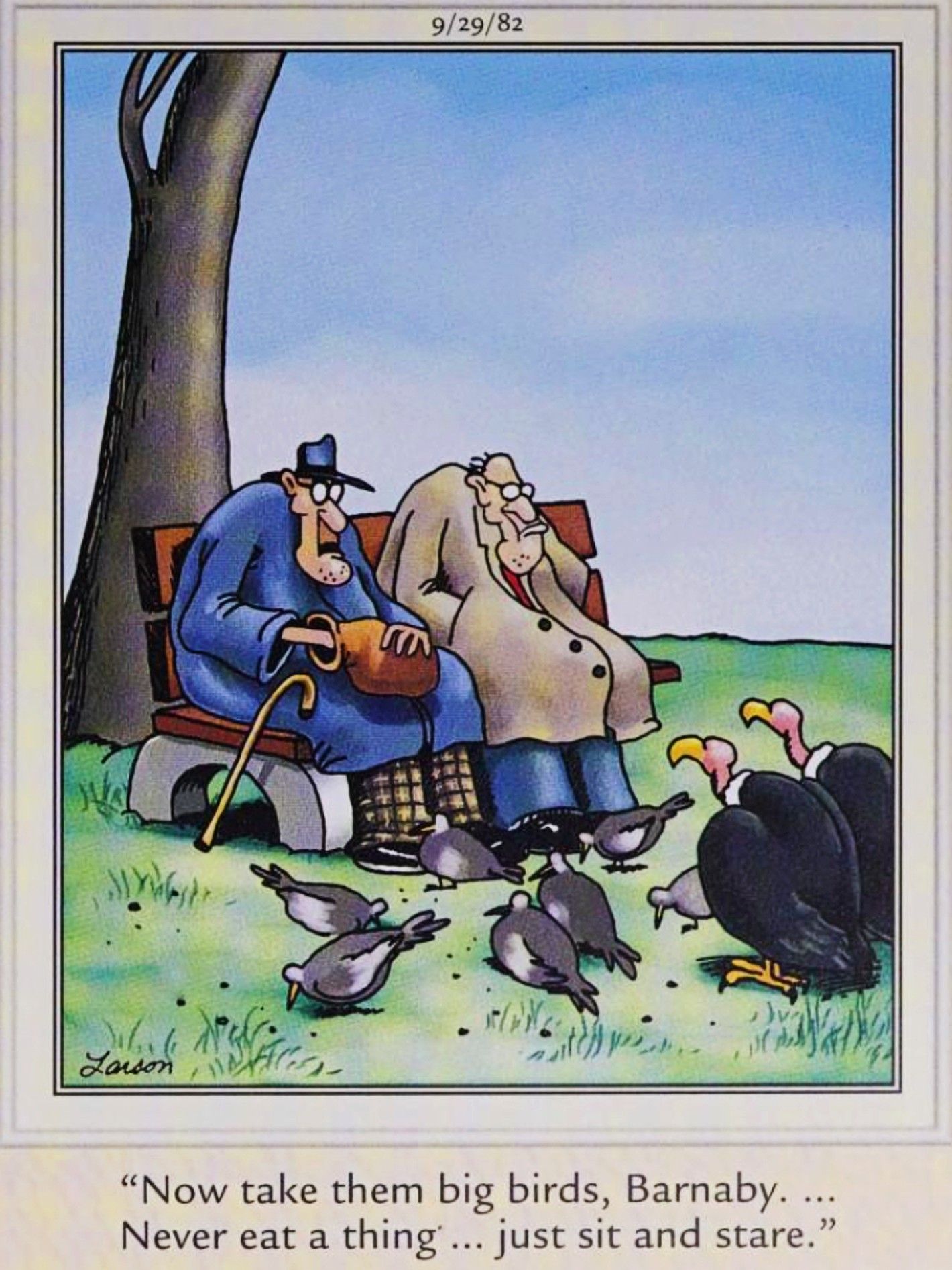 Far Side, 29 de setembro de 1982, abutres sentam e observam dois velhos sentados em um banco de parque alimentando pombos