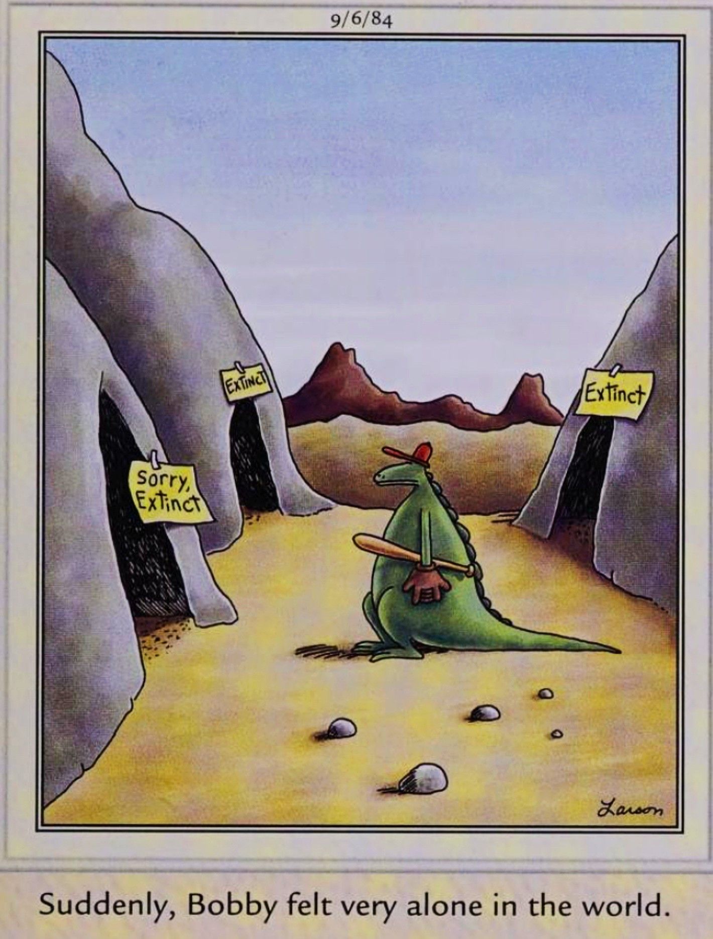 Far Side, 6 de setembro de 1984, todos os amigos de um dinossauro foram extintos