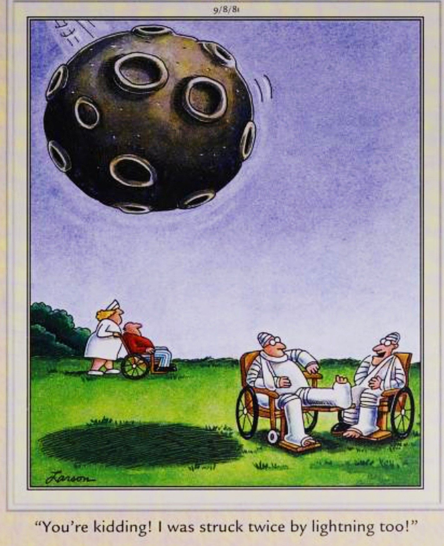 Far Side, September 8, 1981, a meteor about to strike a man wrapped in bandages in a wheelchair