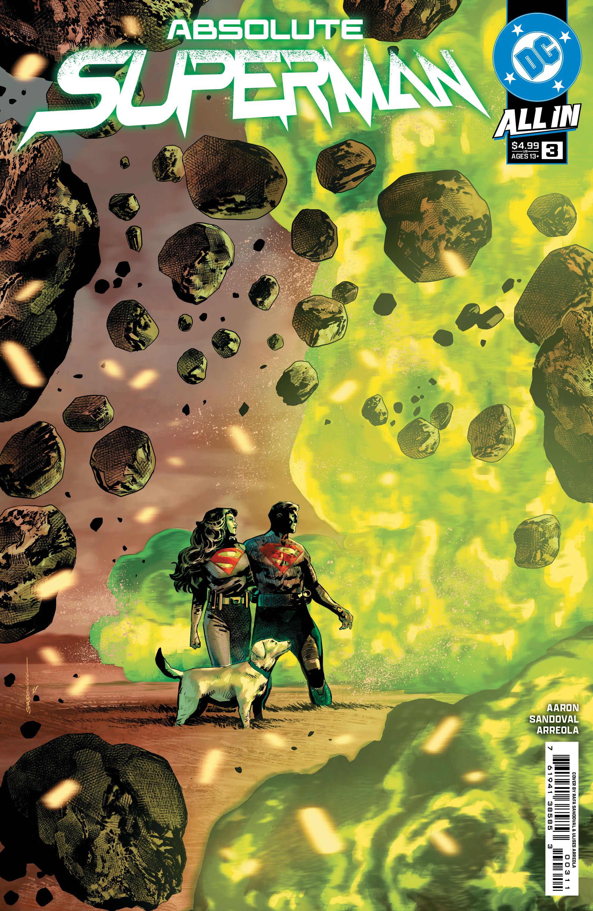 Capa de quadrinhos: Lara e Jor-El com Krypto enquanto Krypton entra em erupção