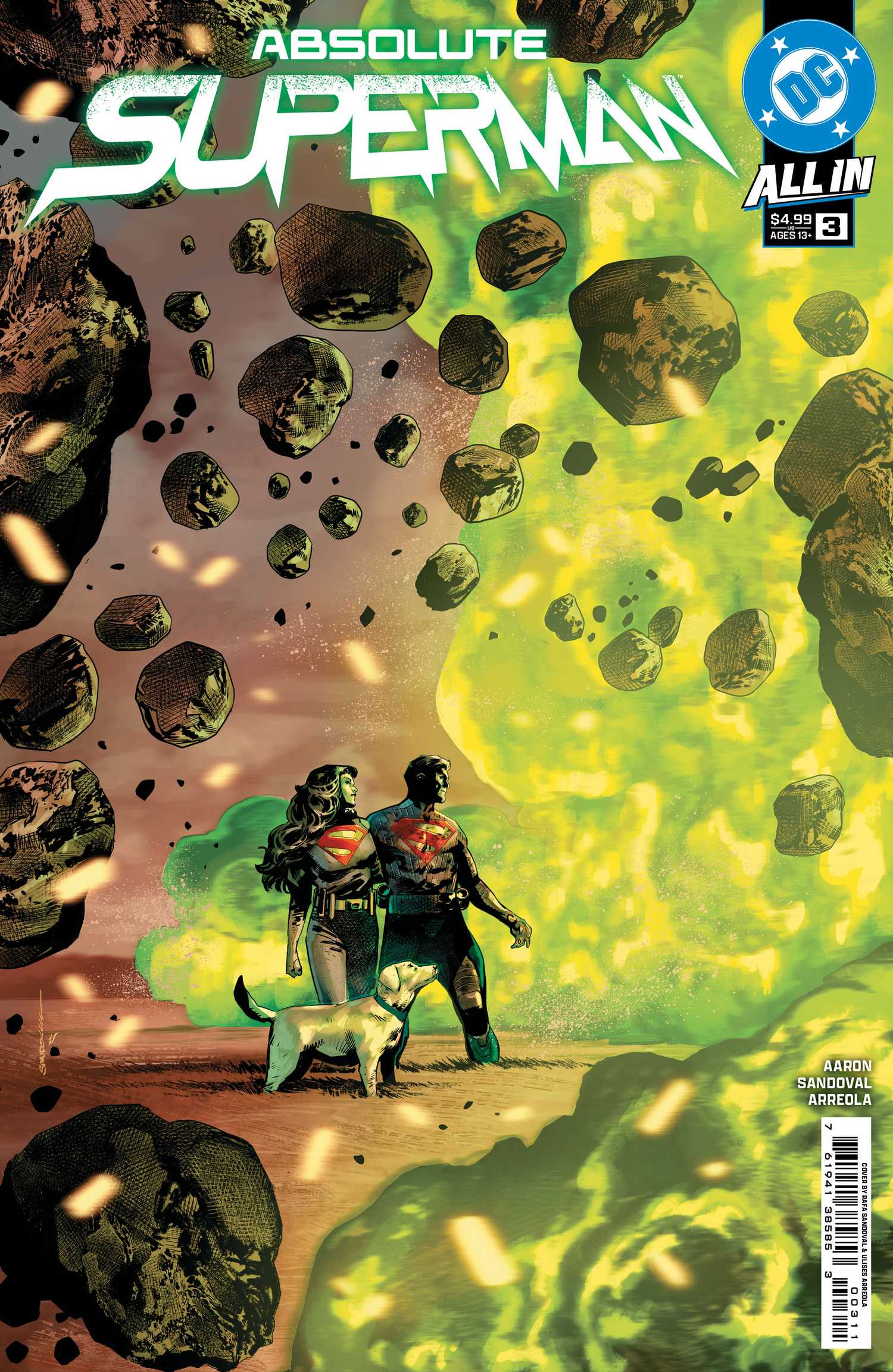 Comic book cover: Lara and Jor-El with Krypto as Krypton erupts