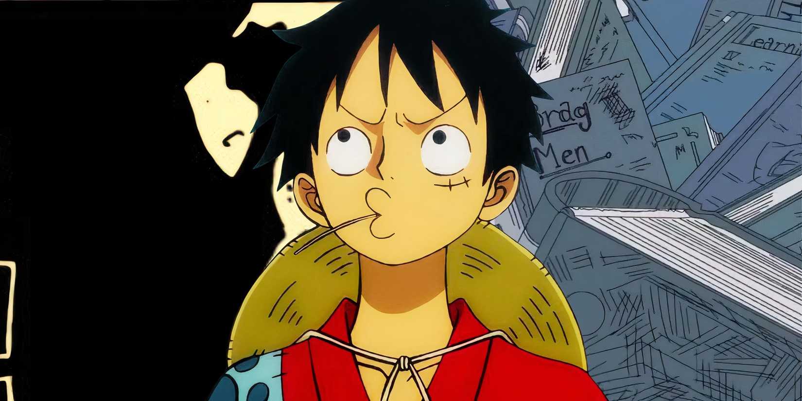 Feature header with Luffy and the mysterious man and the books