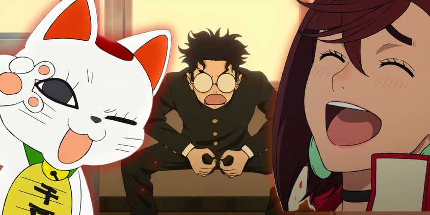 Feature header with Okarun in the back pointing to his privates while Momo is laughting and Turbo Granny making peace sign