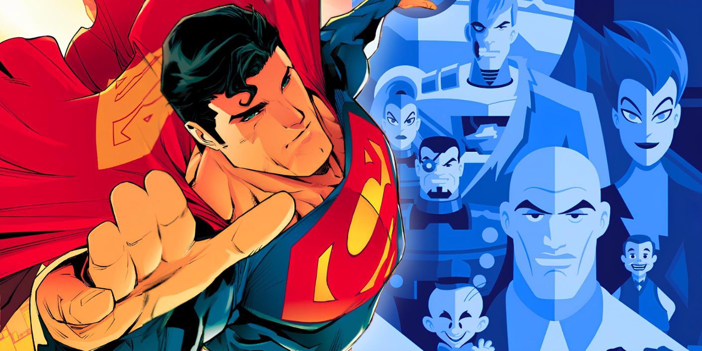 Split image of Superman next to the villains from Superman: The Animated Series