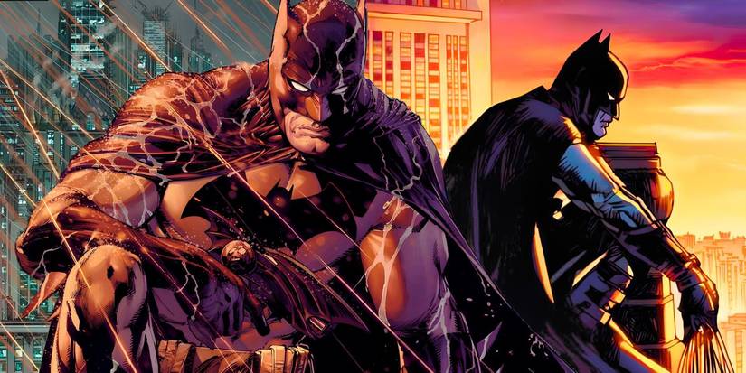 Comic book art: Split image of Batman in the rain next to Batman overlooking Gotham