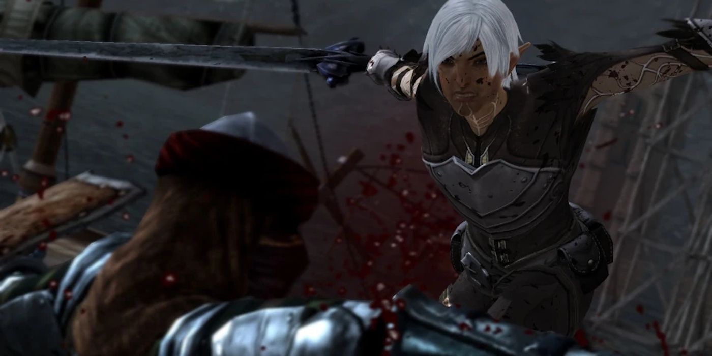 Fenris leaps to attack an enemy in Dragon Age 2.