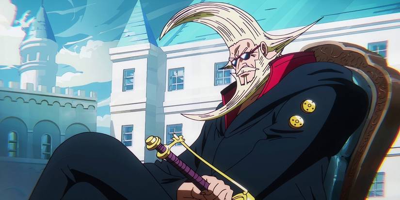 An older Figarland sitting on a chair as seen in the One Piece anime.