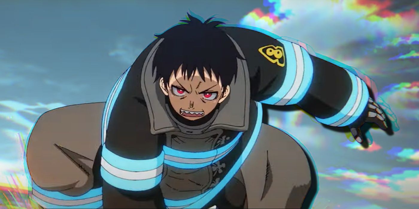 Fire Force Season 3 Main Character crouching and looking angry.