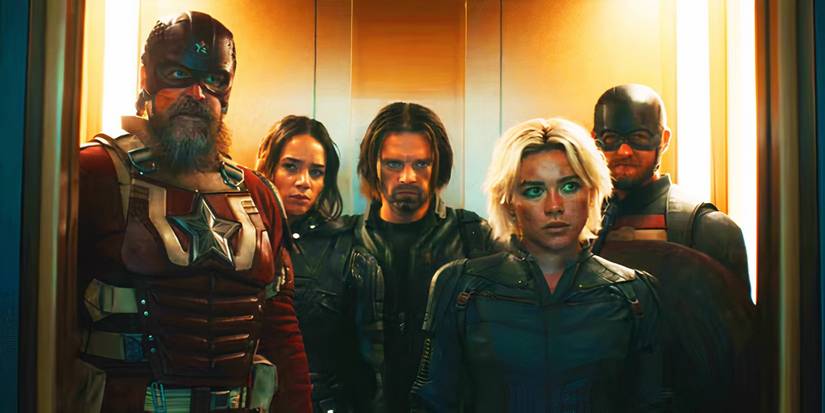 Five Thunderbolts members in Thunderbolts* trailer stood in an elevator