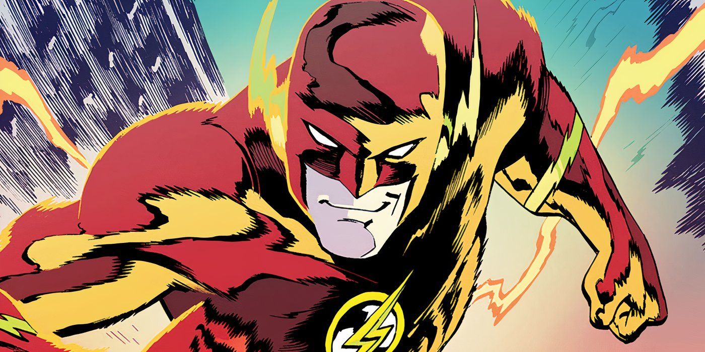 O Flash correndo em direção ao espectador com um sorriso